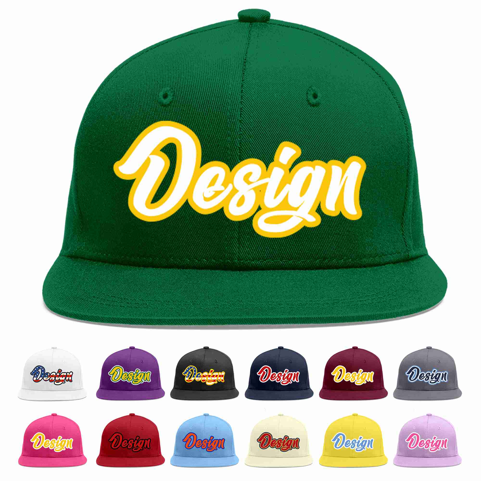 Custom Green White-Gold Flat Eaves Sport Baseball Cap Design for Men/Women/Youth