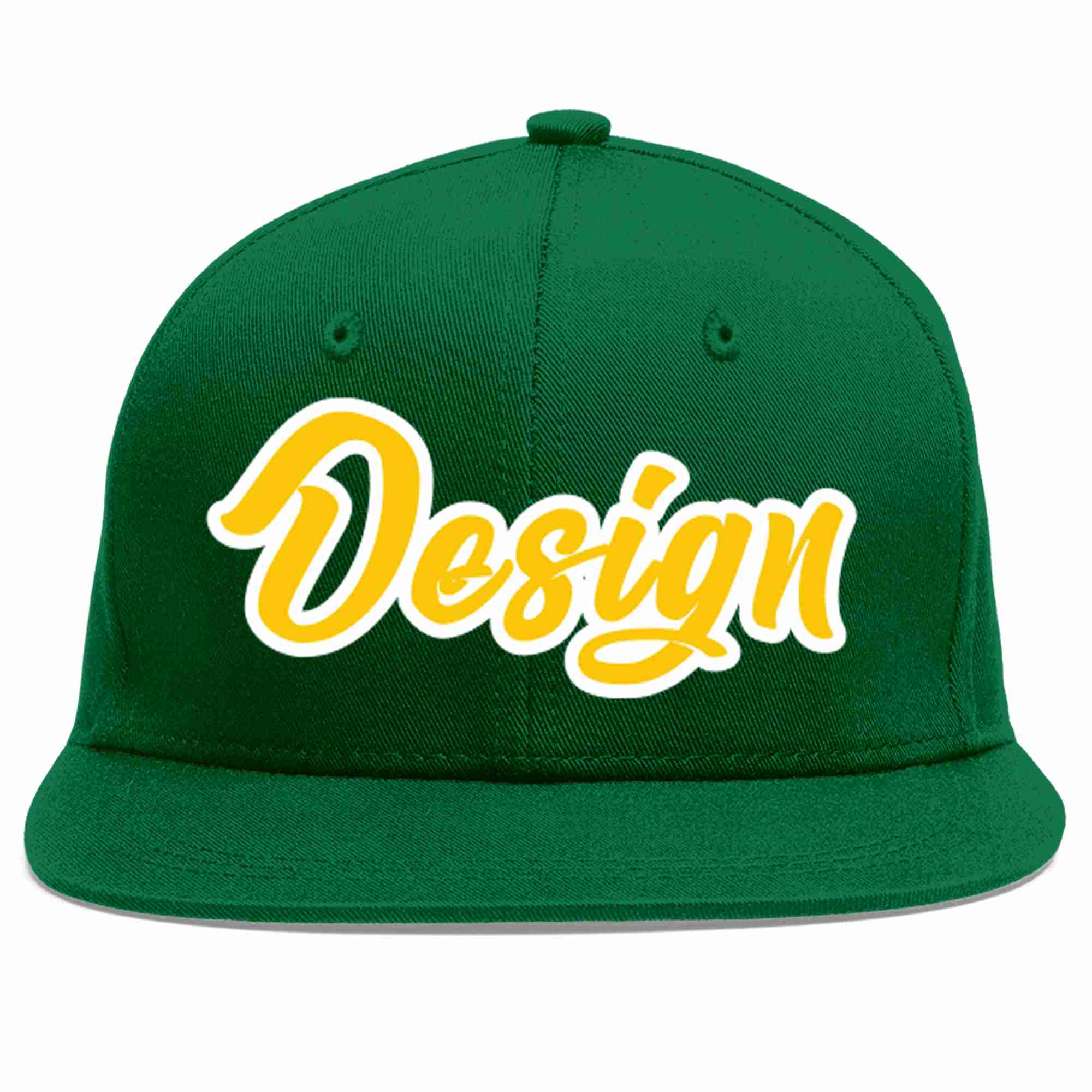 Conception personnalisée de casquette de baseball de sport à avant-toit plat vert or-blanc pour hommes/femmes/jeunes