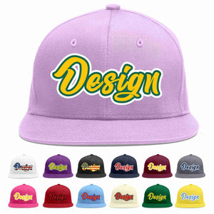 Custom Light Purple Gold-Kelly Green Flat Eaves Sport Baseball Cap Design for Men/Women/Youth