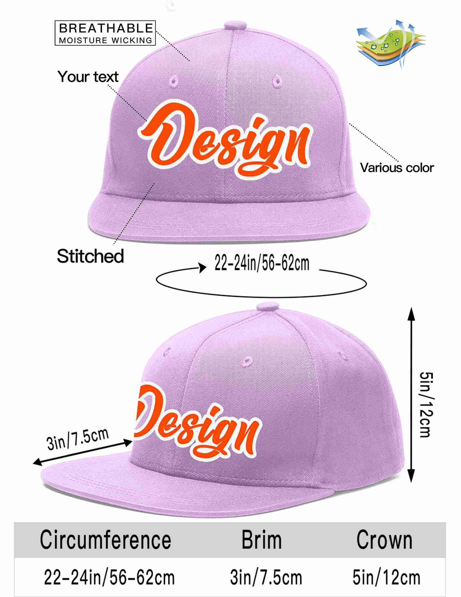 Custom Light Purple Orange-White Flat Eaves Sport Baseball Cap Design for Men/Women/Youth