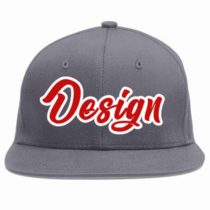 Custom Dark Gray Red-White Flat Eaves Sport Baseball Cap Design for Men/Women/Youth