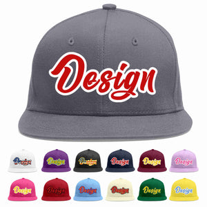 Custom Dark Gray Red-White Flat Eaves Sport Baseball Cap Design for Men/Women/Youth