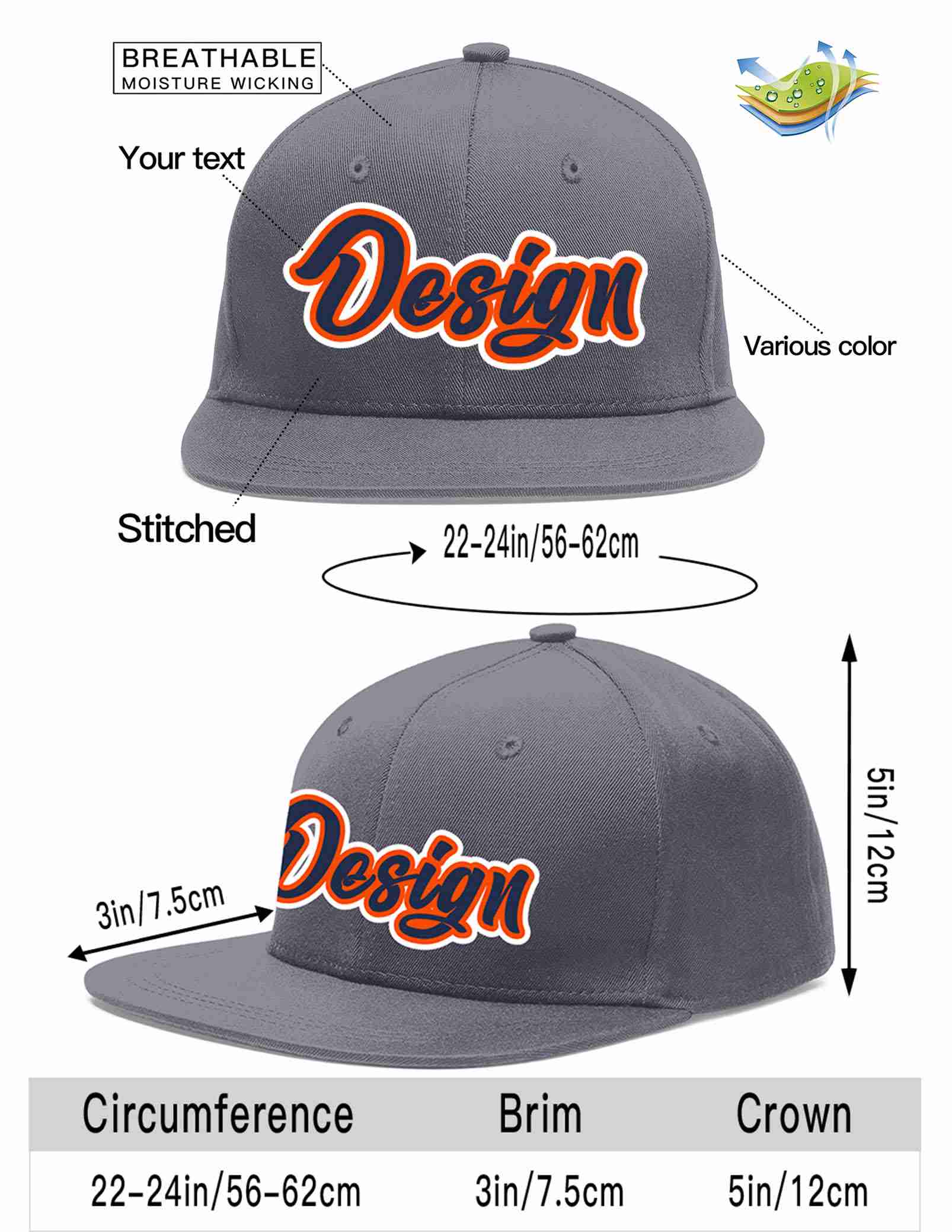 Custom Dark Gray Navy-Orange Flat Eaves Sport Baseball Cap Design for Men/Women/Youth