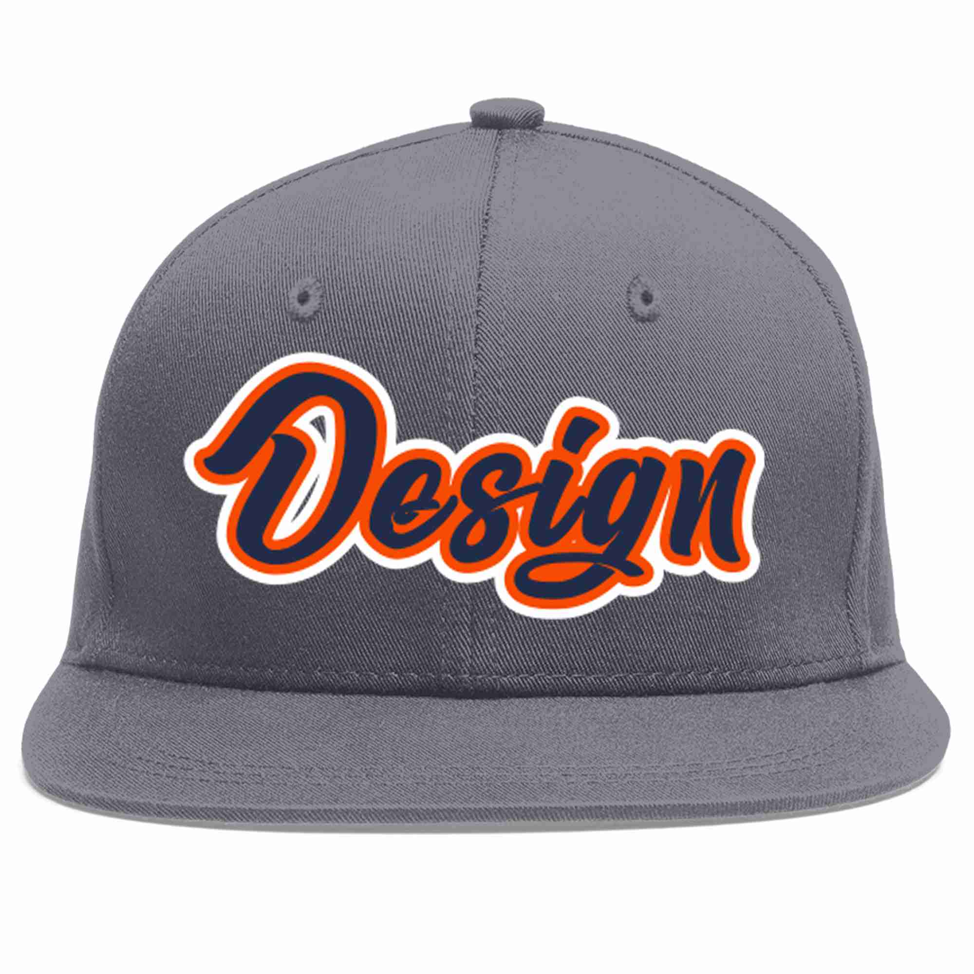 Custom Dark Gray Navy-Orange Flat Eaves Sport Baseball Cap Design for Men/Women/Youth