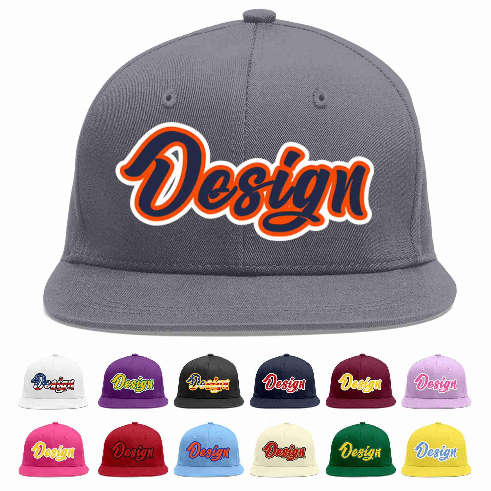 Casquette de baseball sport personnalisée gris foncé, bleu marine et orange, design plat pour hommes/femmes/jeunes