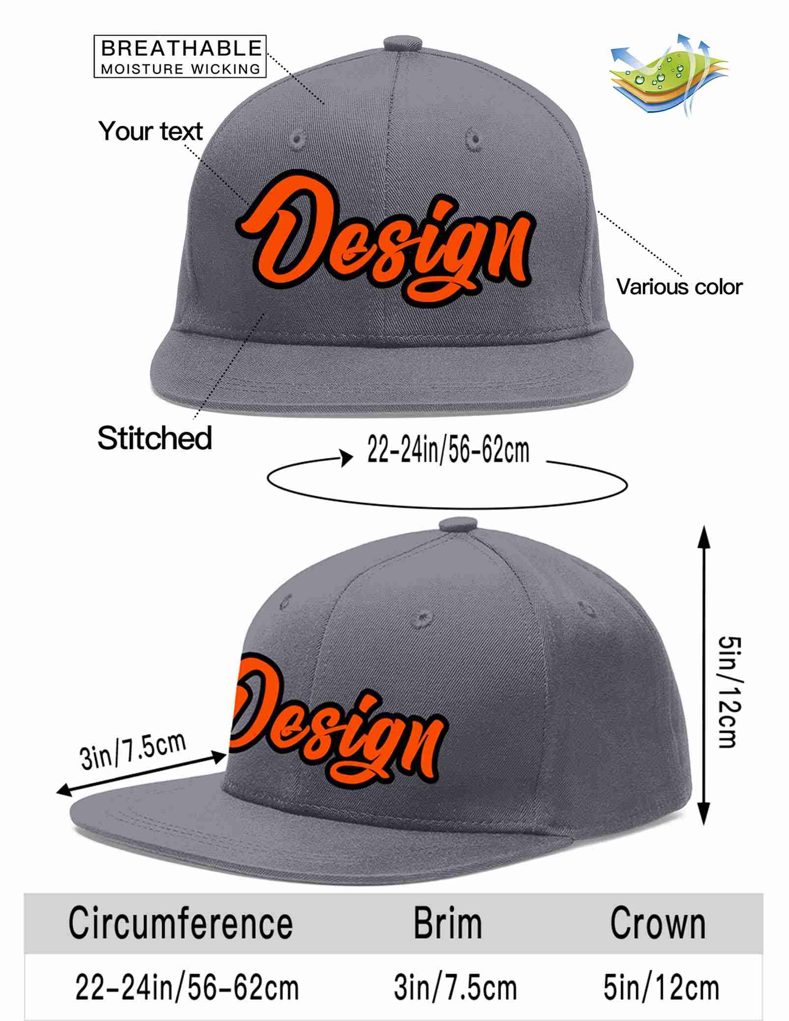 Conception personnalisée de casquette de baseball de sport à avant-toit plat gris foncé orange-noir pour hommes/femmes/jeunes