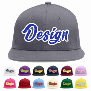 Custom Dark Gray Royal-White Flat Eaves Sport Baseball Cap Design for Men/Women/Youth