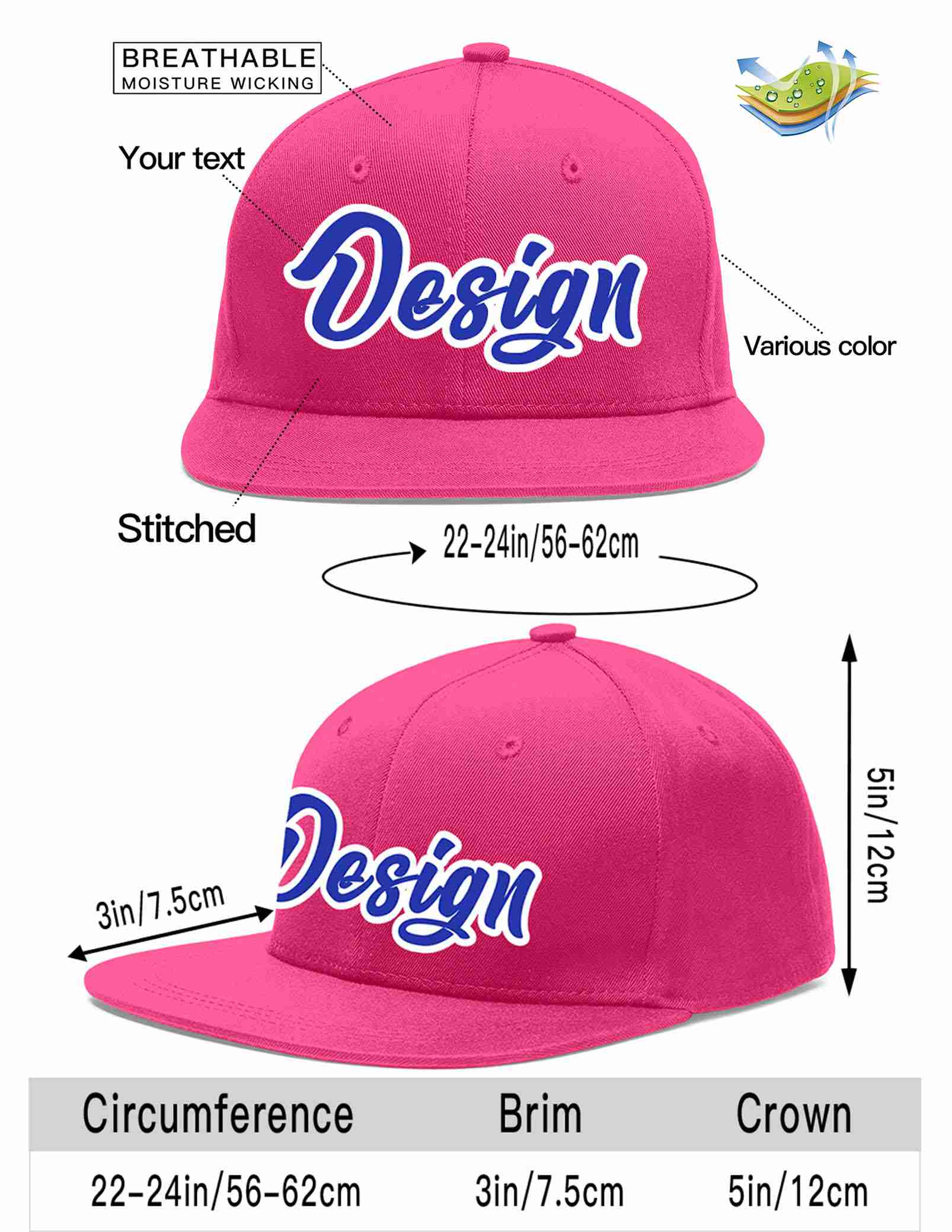 Custom Rose Red Royal-White Flat Eaves Sport Baseball Cap Design for Men/Women/Youth