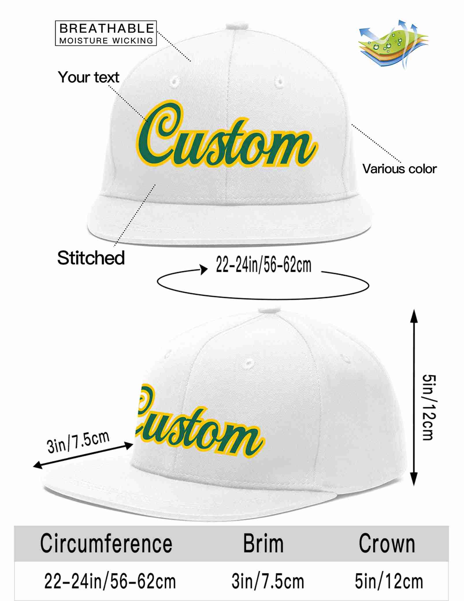 Custom White Kelly Green-Gold Casual Sport Baseball Cap