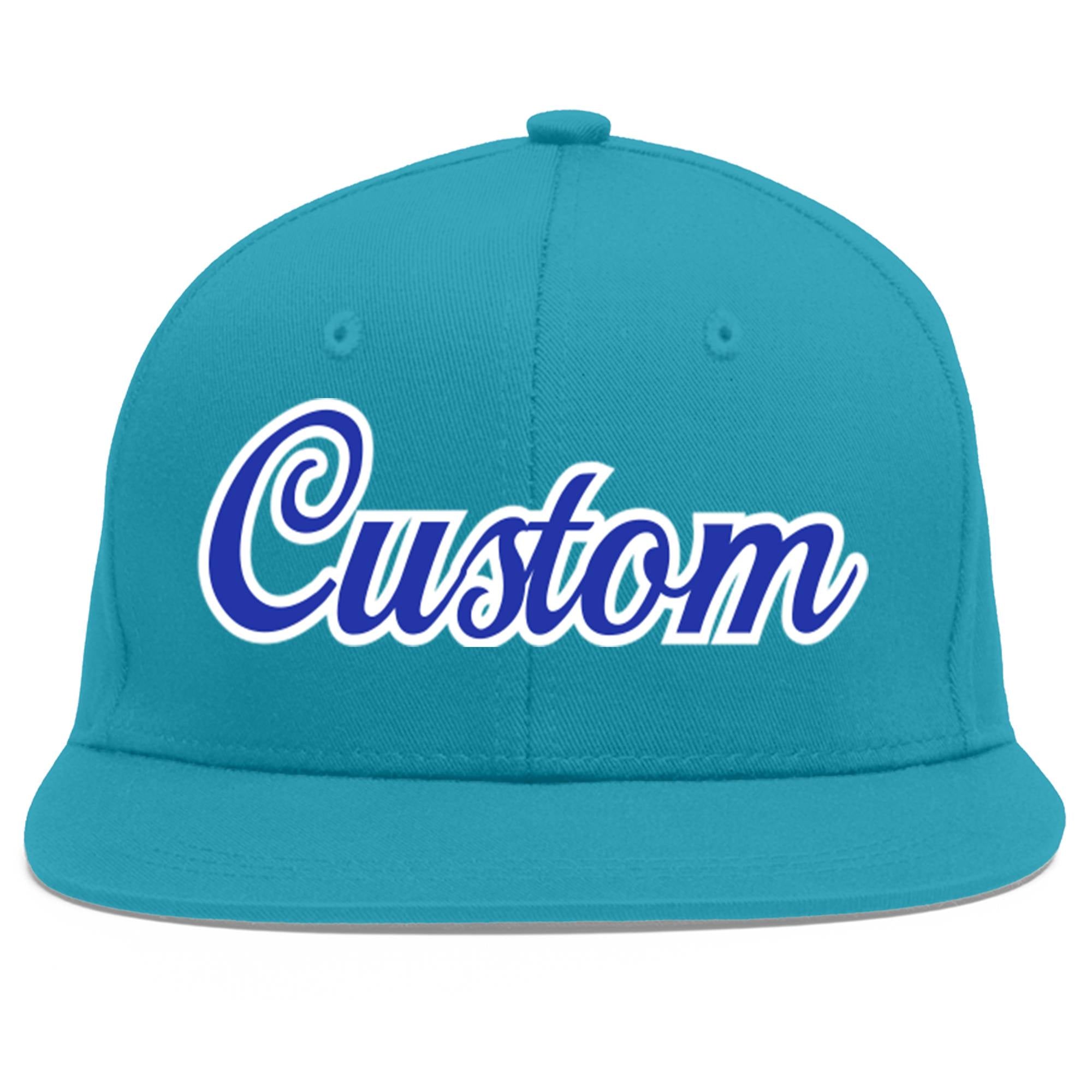 Custom Aqua Royal-White Flat Eaves Sport Baseball Cap