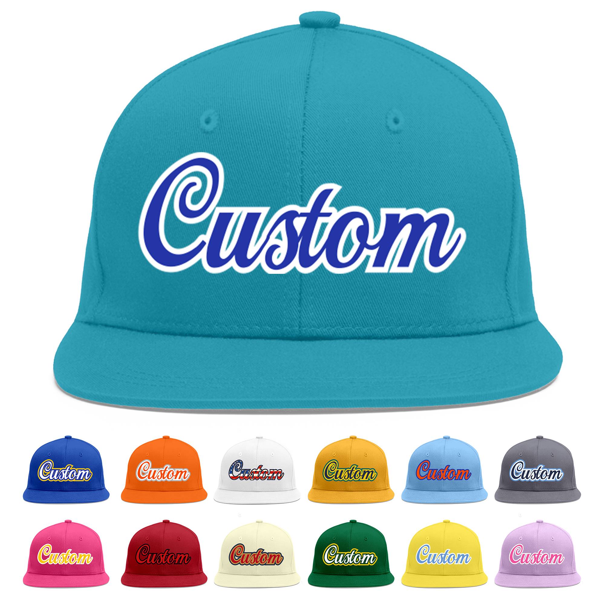 Custom Aqua Royal-White Flat Eaves Sport Baseball Cap