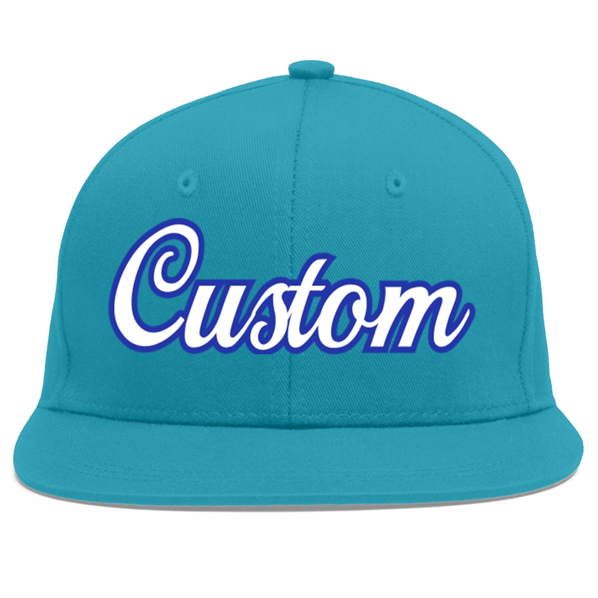 Custom Aqua White-Royal Flat Eaves Sport Baseball Cap