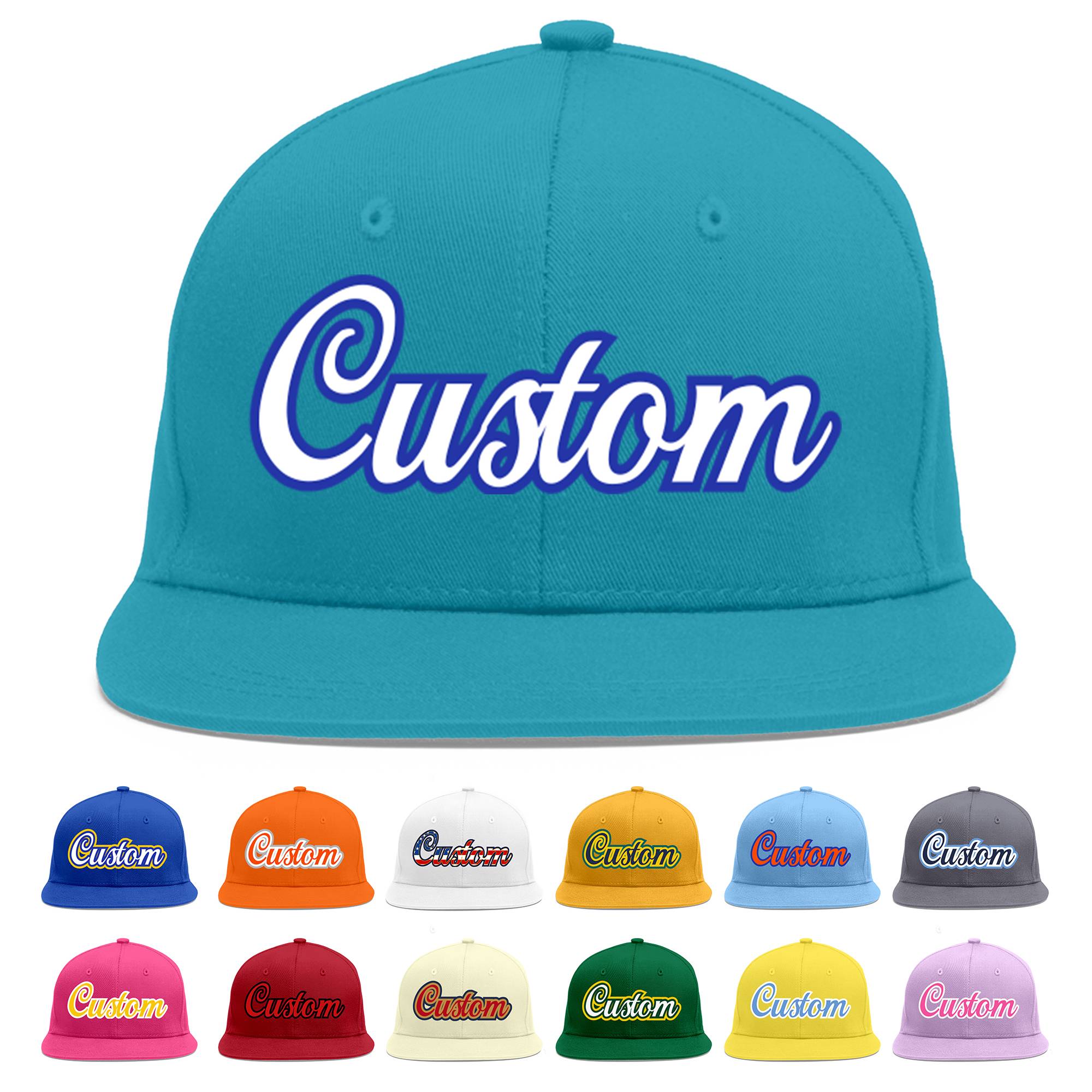 Custom Aqua White-Royal Flat Eaves Sport Baseball Cap