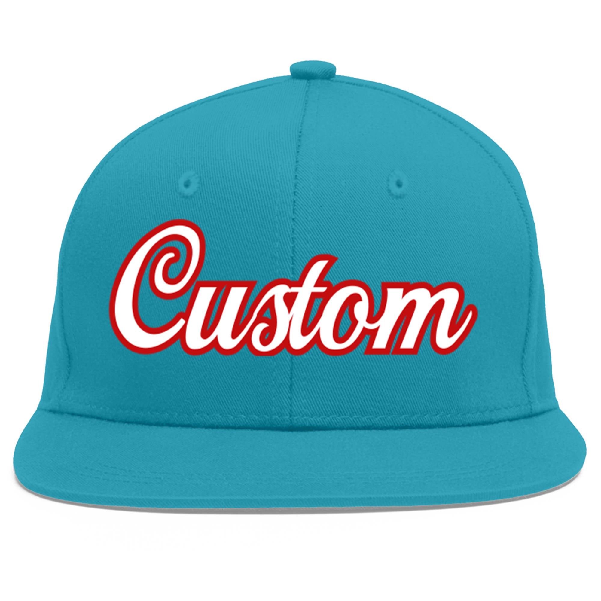 Custom Aqua White-Red Flat Eaves Sport Baseball Cap