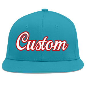 Custom Aqua White-Red Flat Eaves Sport Baseball Cap