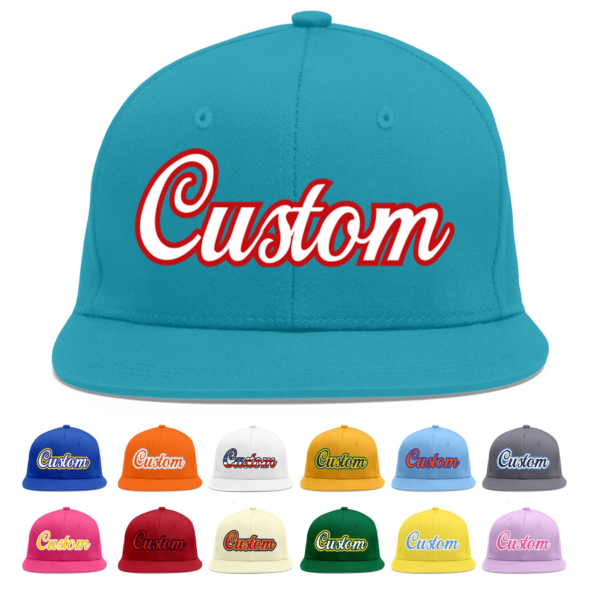 Custom Aqua White-Red Flat Eaves Sport Baseball Cap