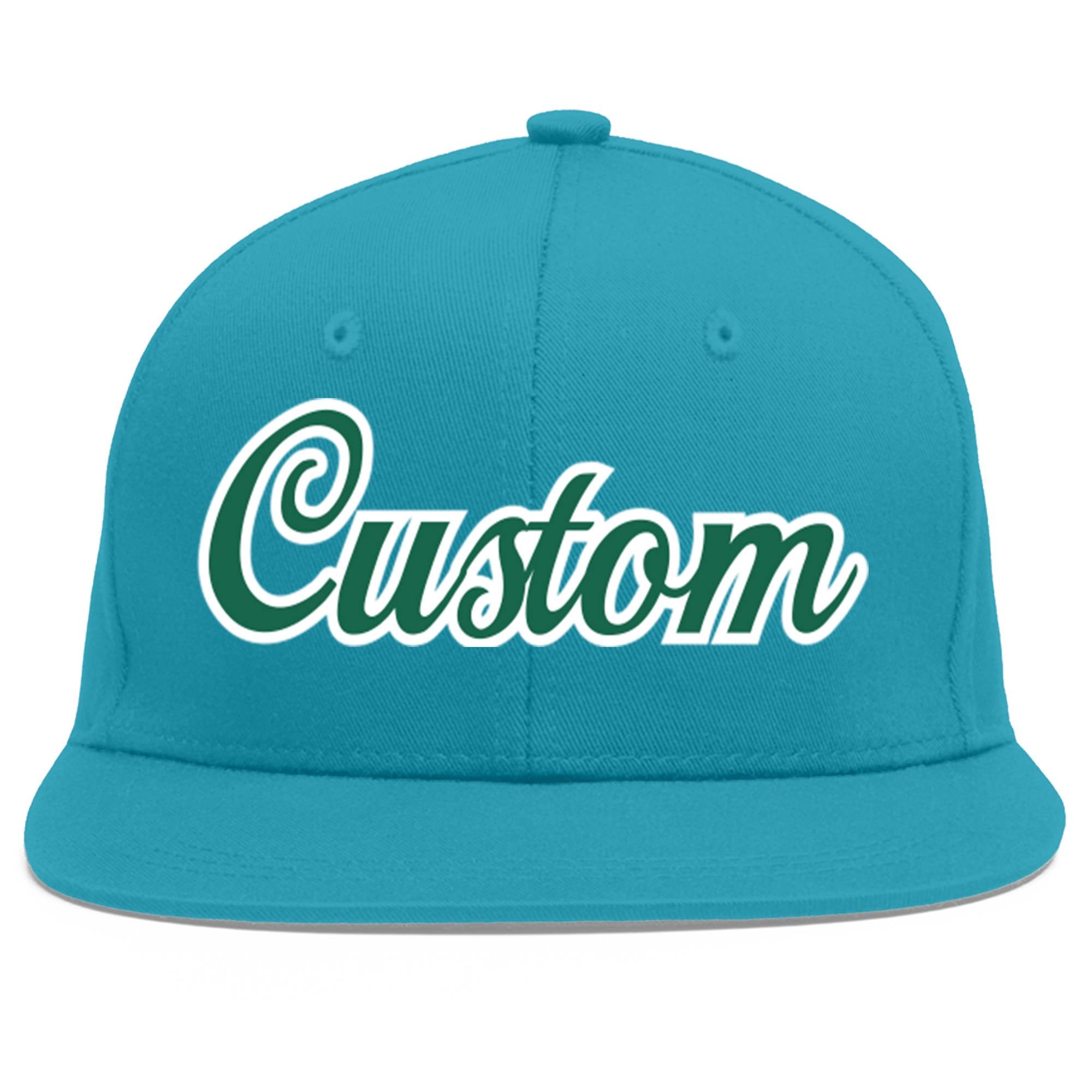 Custom Aqua Kelly Green-White Flat Eaves Sport Baseball Cap