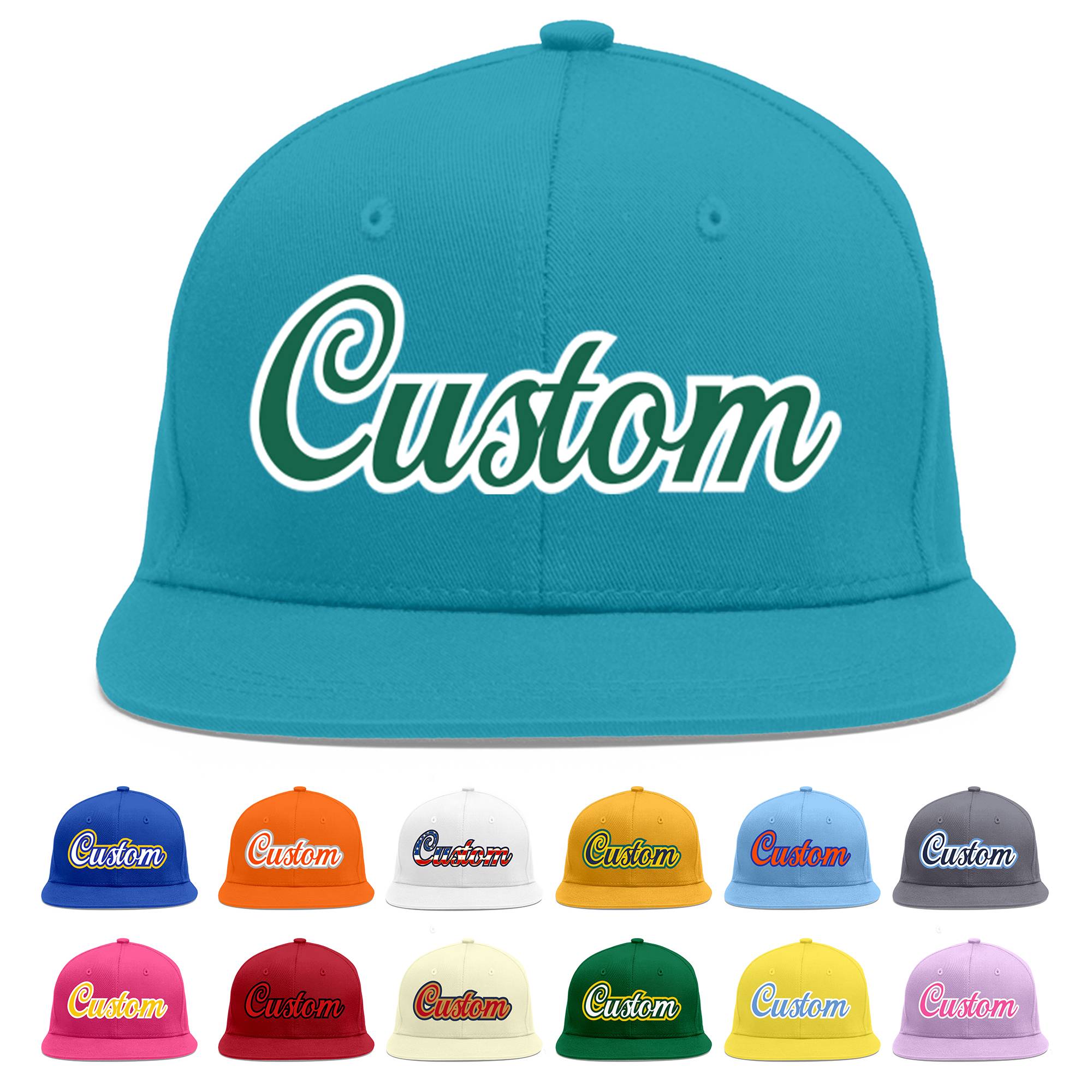 Custom Aqua Kelly Green-White Flat Eaves Sport Baseball Cap