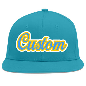 Custom Aqua Powder Blue-Gold Flat Eaves Sport Baseball Cap