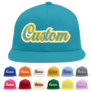 Custom Aqua Powder Blue-Gold Flat Eaves Sport Baseball Cap