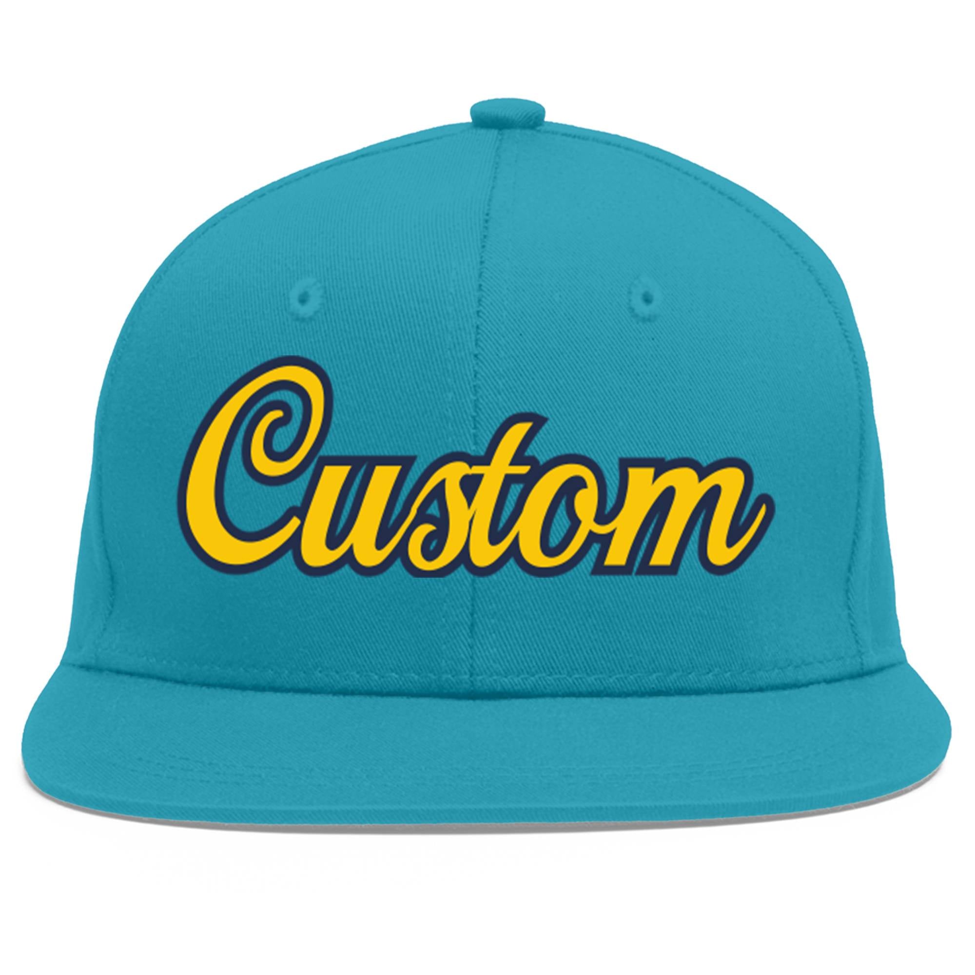 Custom Aqua Gold-Navy Flat Eaves Sport Baseball Cap