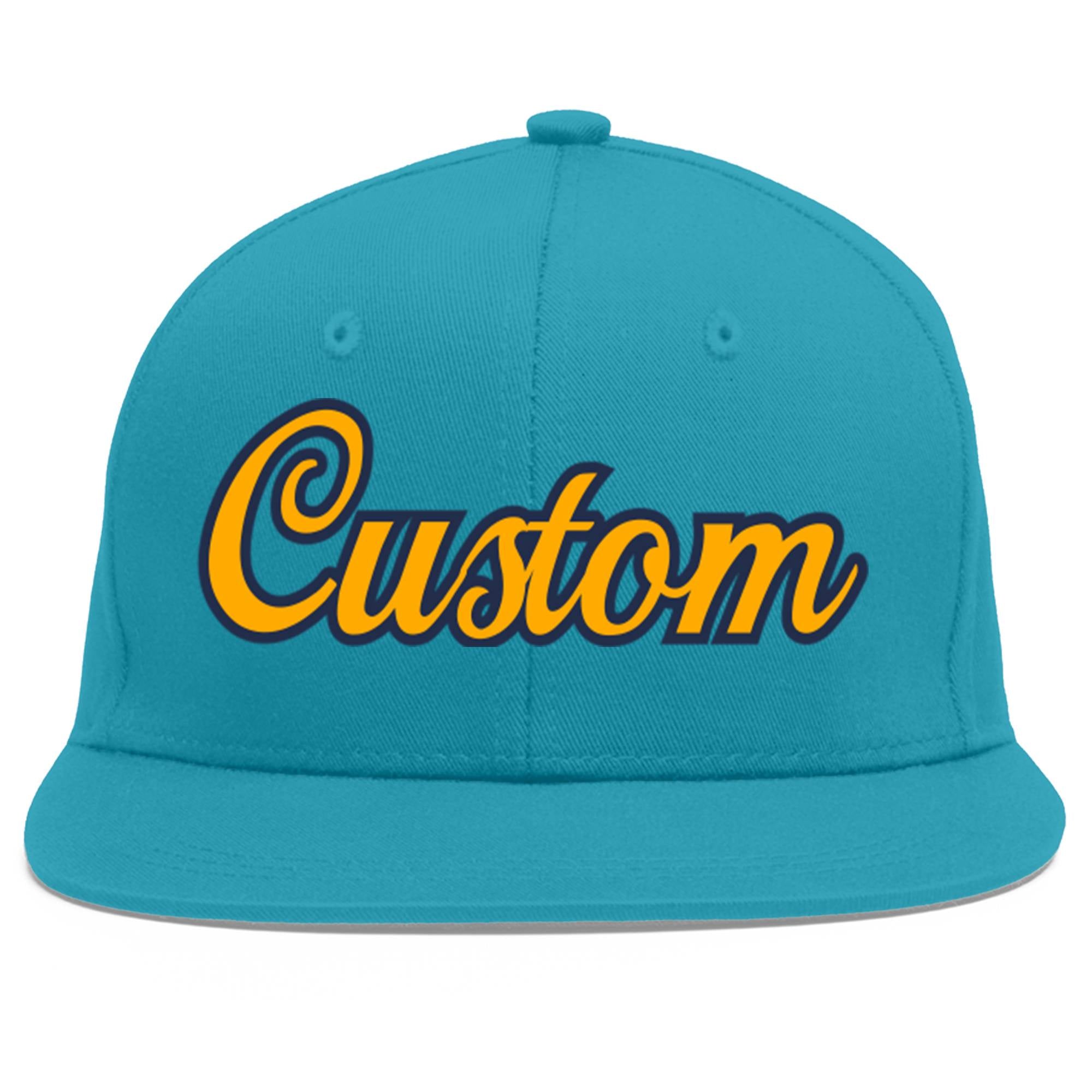 Custom Aqua Yellow-Navy Flat Eaves Sport Baseball Cap