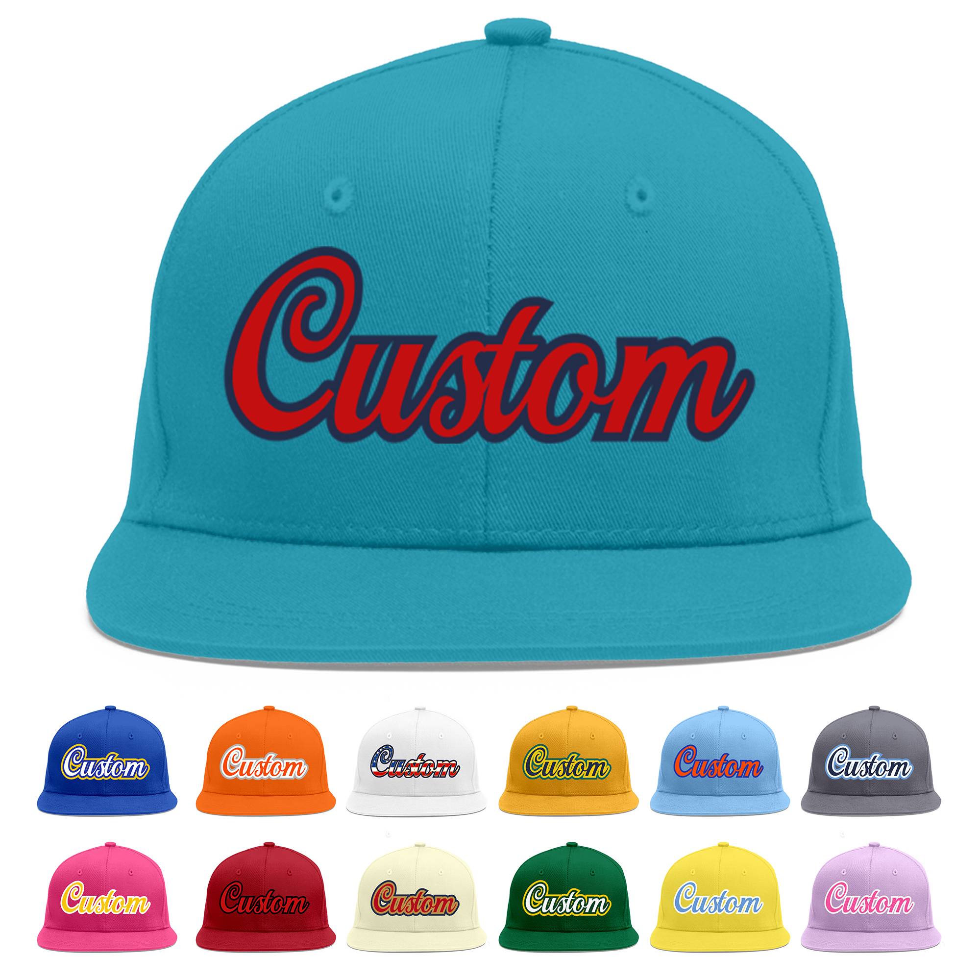 Custom Aqua Red-Navy Flat Eaves Sport Baseball Cap