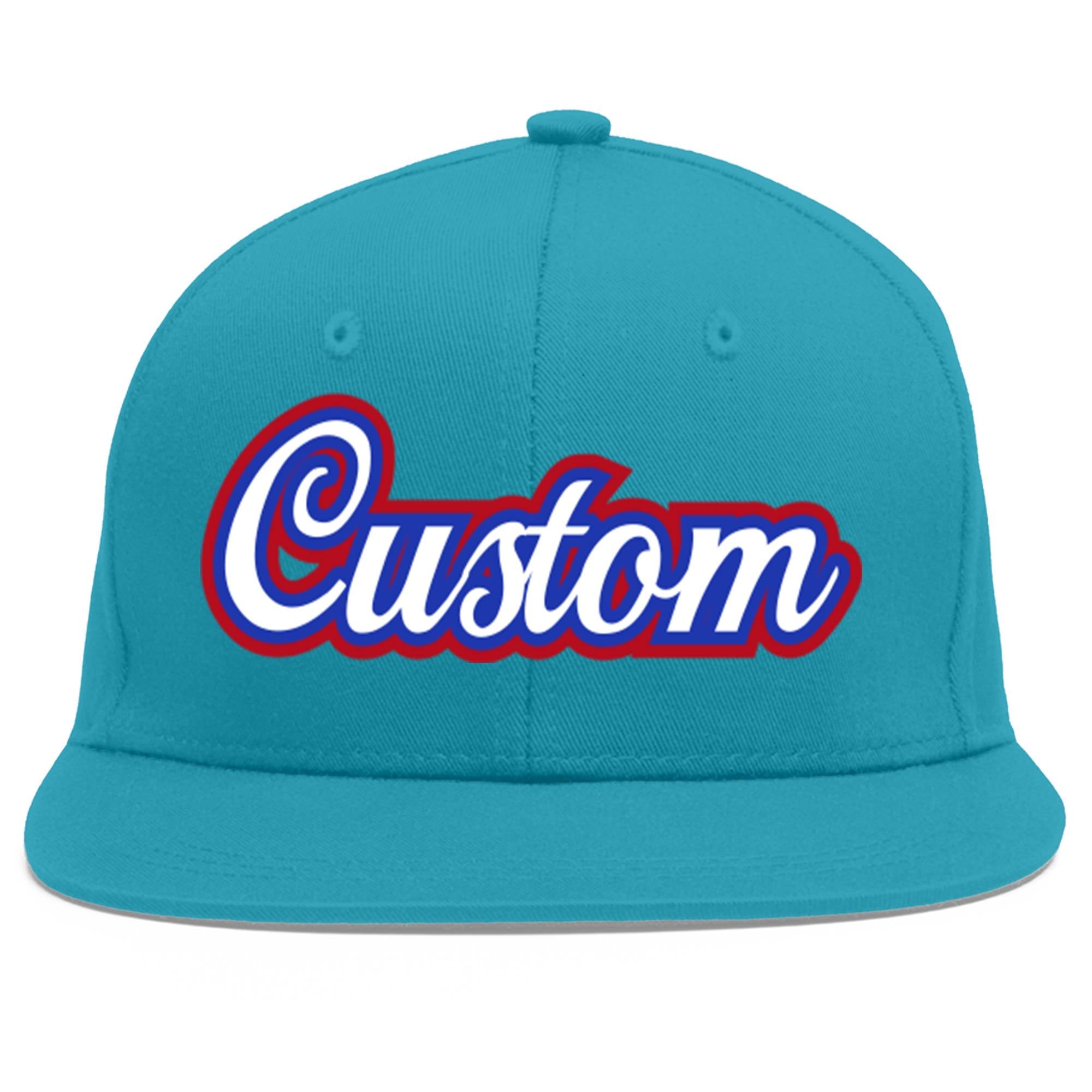 Custom Aqua White-Royal Flat Eaves Sport Baseball Cap