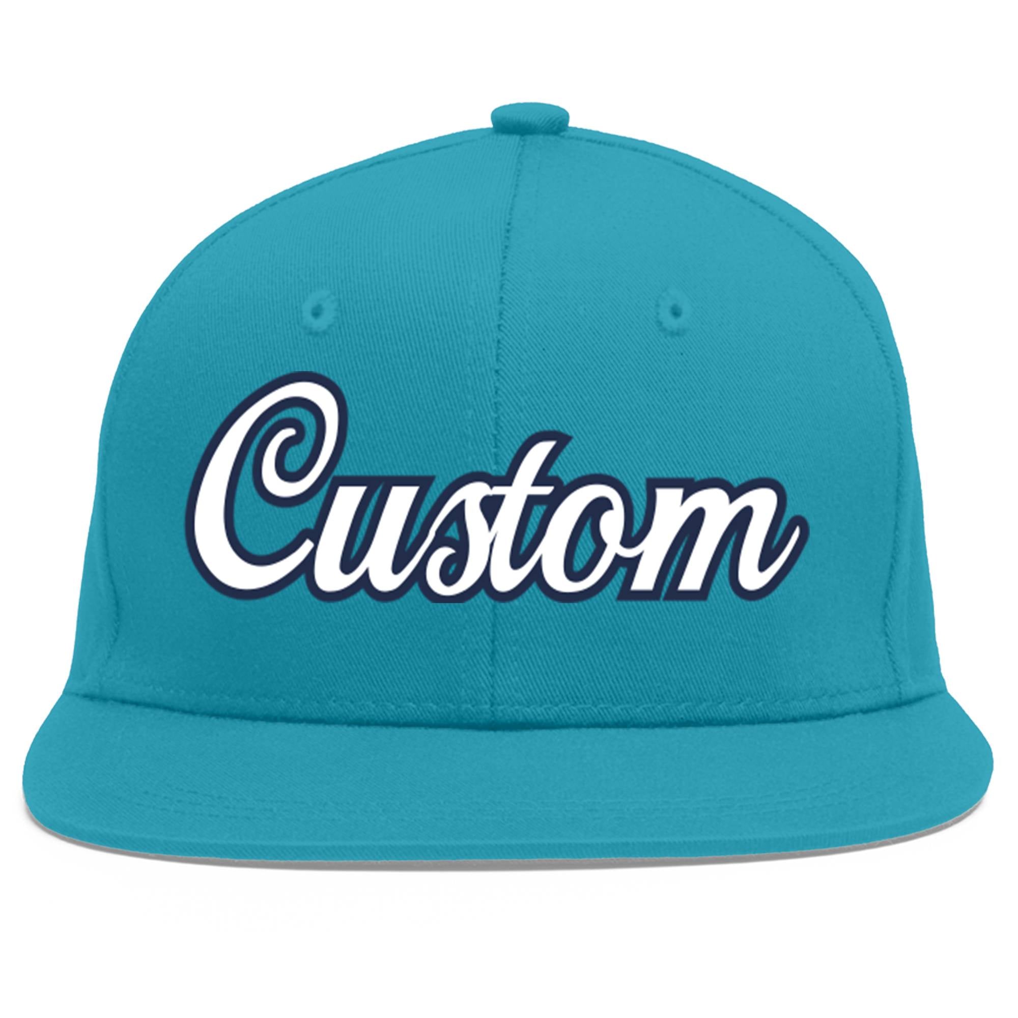 Custom Aqua White-Navy Flat Eaves Sport Baseball Cap