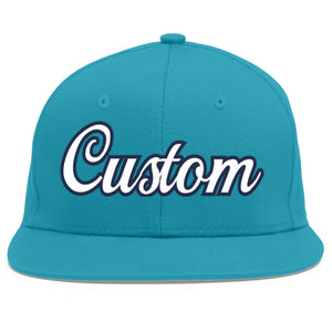 Custom Aqua White-Navy Flat Eaves Sport Baseball Cap