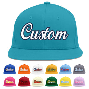 Custom Aqua White-Navy Flat Eaves Sport Baseball Cap