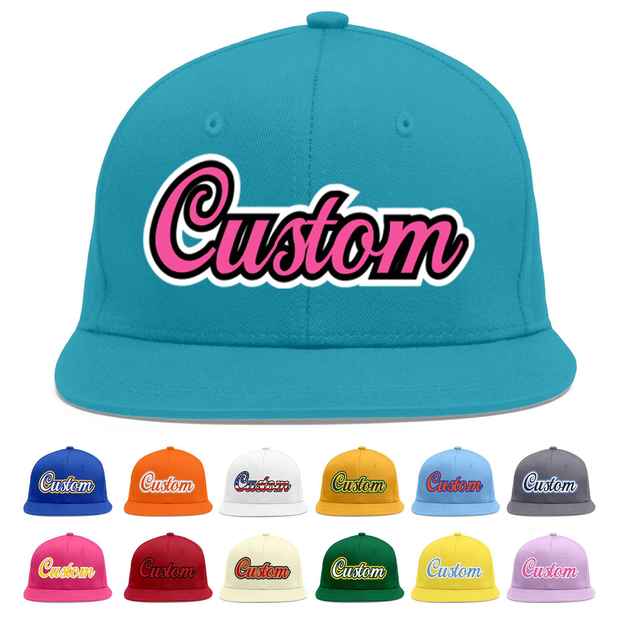 Custom Aqua Pink-Black Flat Eaves Sport Baseball Cap