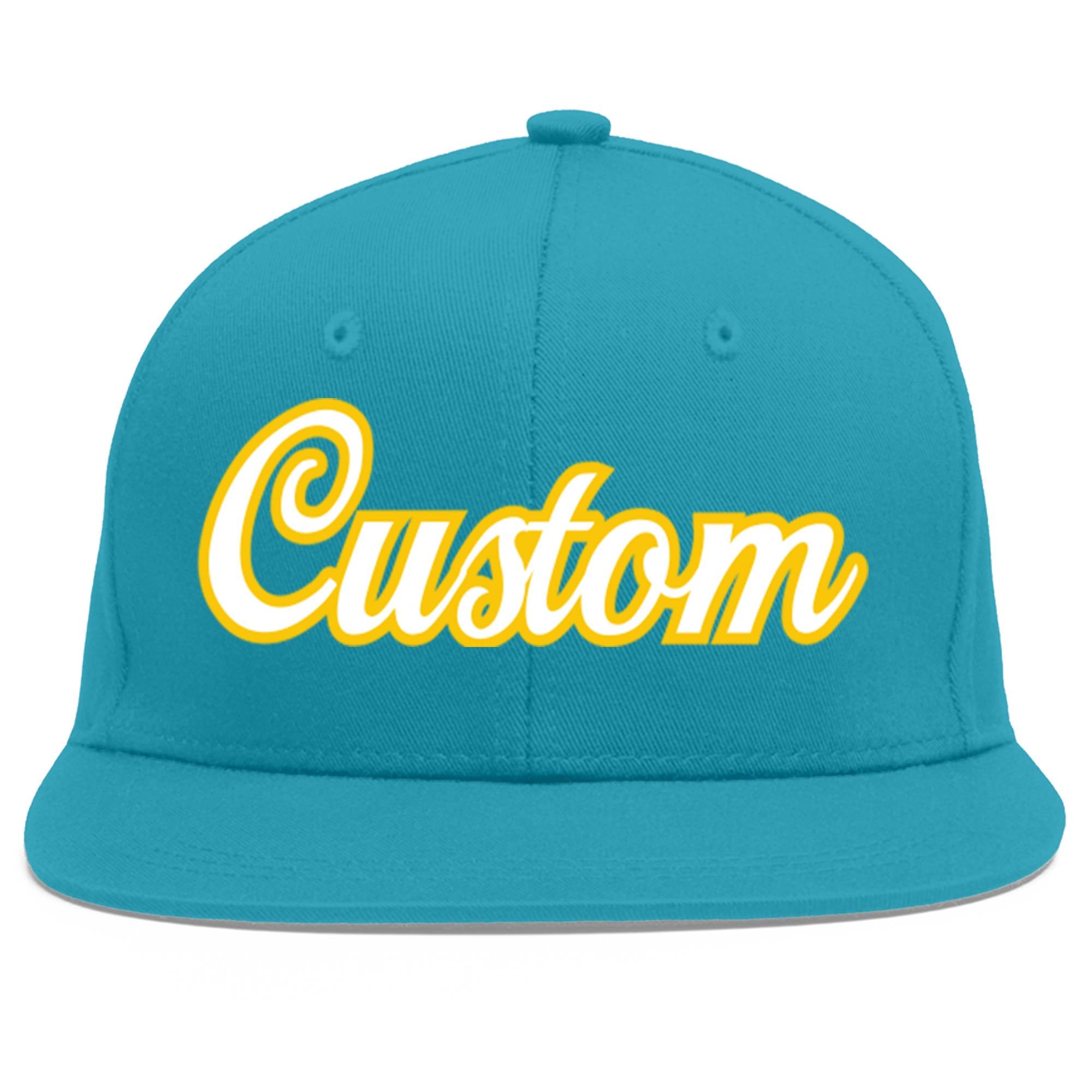 Custom Aqua White-Gold Flat Eaves Sport Baseball Cap