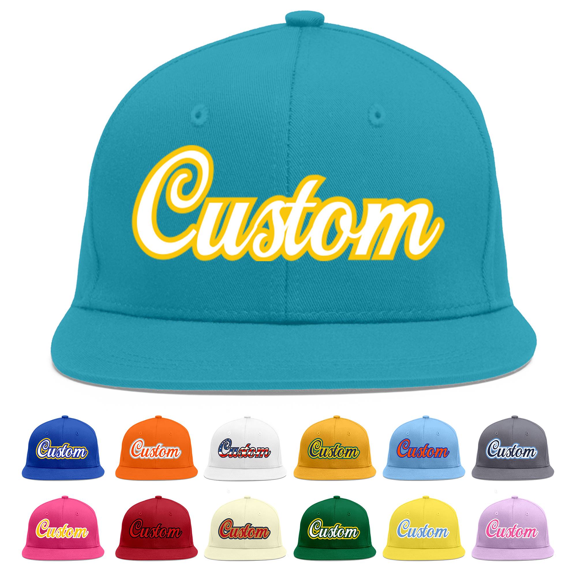 Custom Aqua White-Gold Flat Eaves Sport Baseball Cap