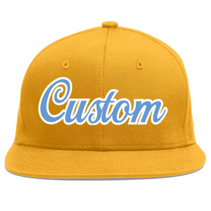 Custom Gold Light Blue-White Flat Eaves Sport Baseball Cap