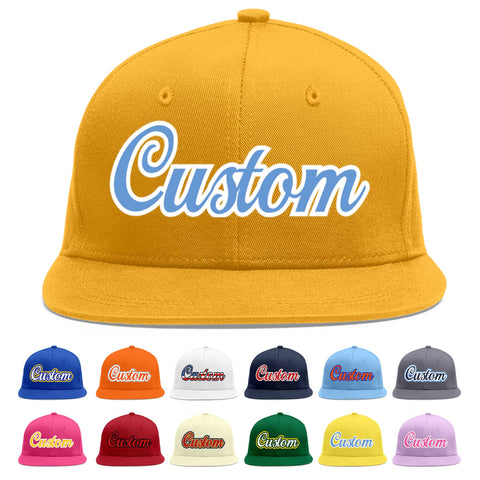 Custom Gold Light Blue-White Flat Eaves Sport Baseball Cap