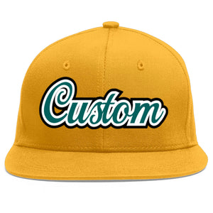 Custom Gold Aqua-White Flat Eaves Sport Baseball Cap