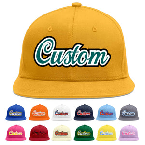 Custom Gold Aqua-White Flat Eaves Sport Baseball Cap