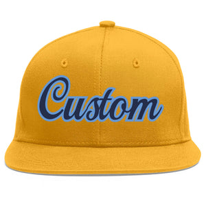 Custom Gold Navy-Light Blue Flat Eaves Sport Baseball Cap