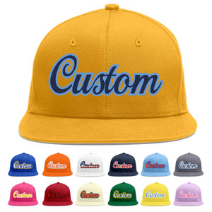 Custom Gold Navy-Light Blue Flat Eaves Sport Baseball Cap