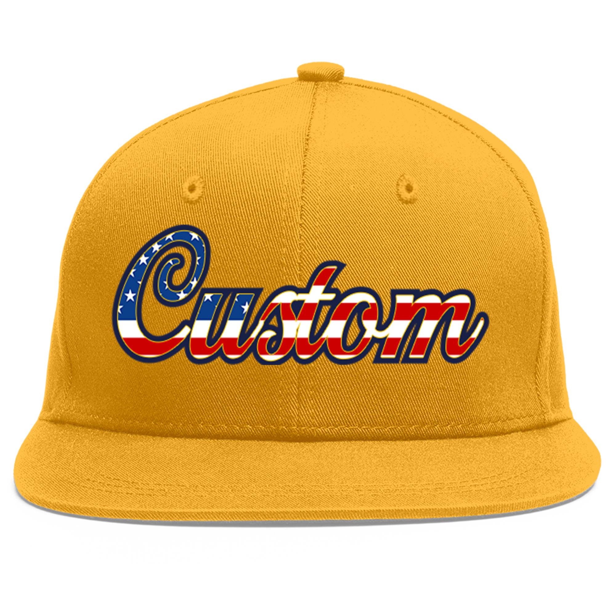 Custom Gold Vintage USA Flag-Gold Flat Eaves Sport Baseball Cap