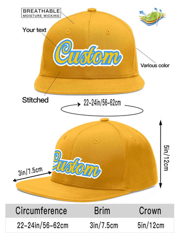 Custom Gold Gold-Powder Blue Flat Eaves Sport Baseball Cap