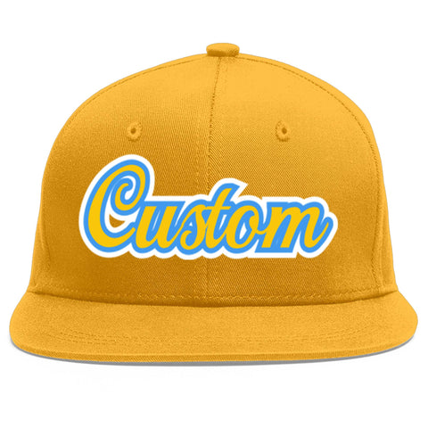 Custom Gold Gold-Powder Blue Flat Eaves Sport Baseball Cap