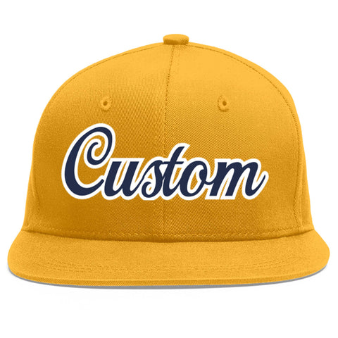 Custom Gold Navy-White Flat Eaves Sport Baseball Cap