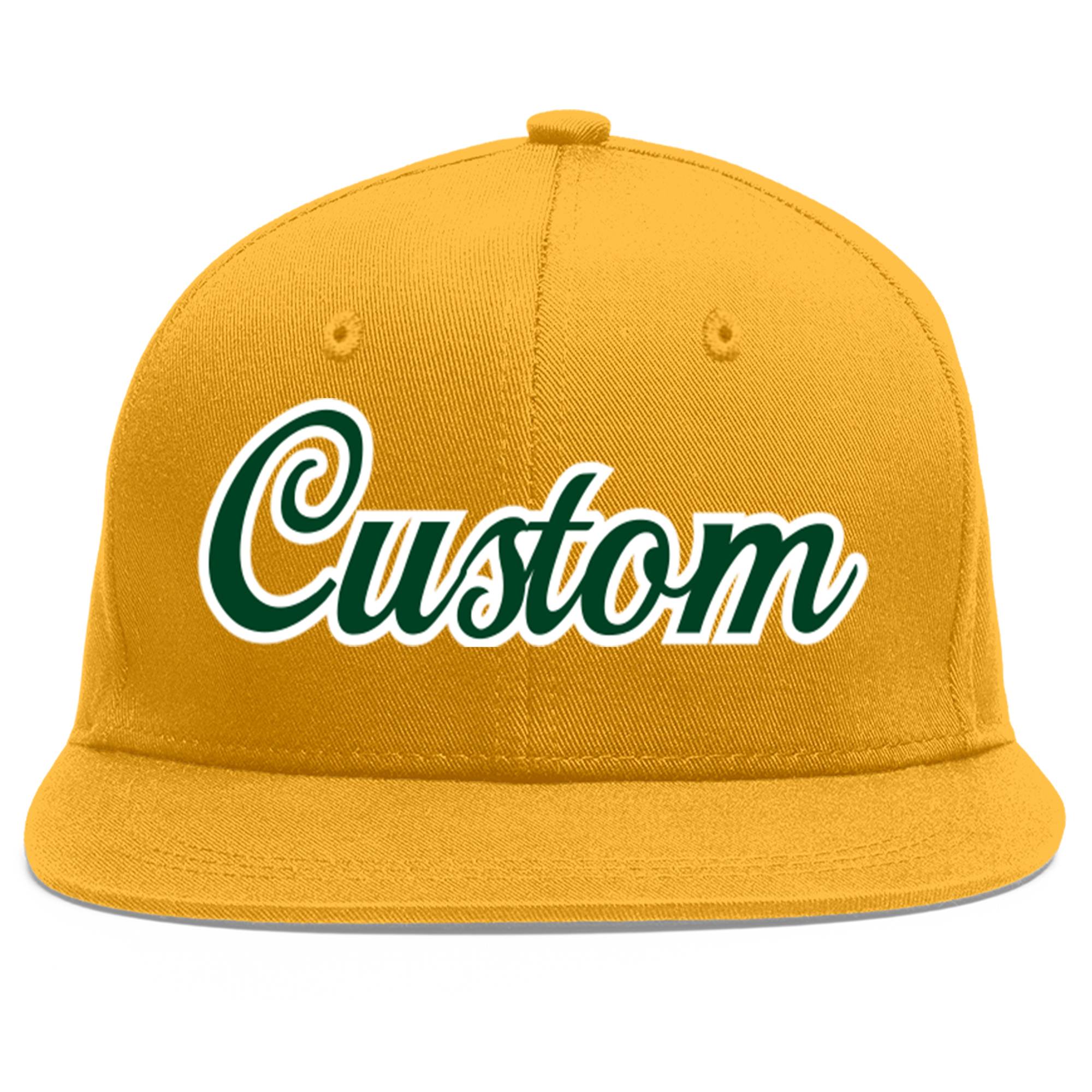 Custom Gold Green-White Flat Eaves Sport Baseball Cap