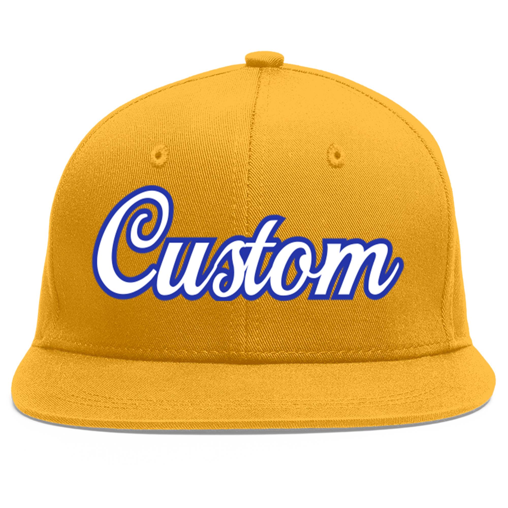 Custom Gold White-Royal Flat Eaves Sport Baseball Cap