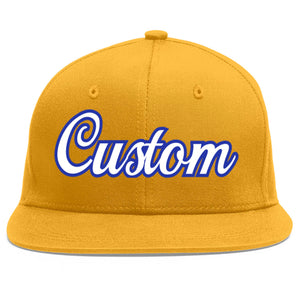 Casquette de baseball personnalisée Gold White-Royal Flat Eaves Sport