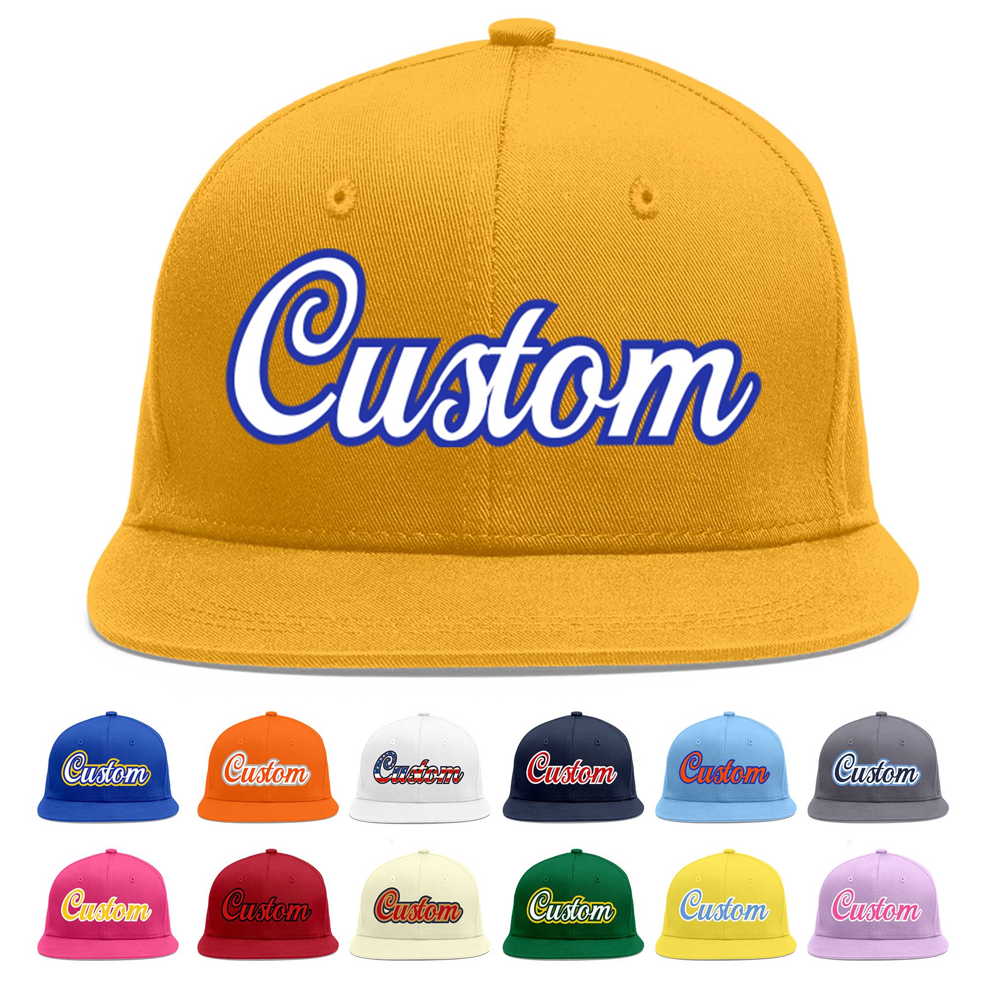 Custom Gold White-Royal Flat Eaves Sport Baseball Cap