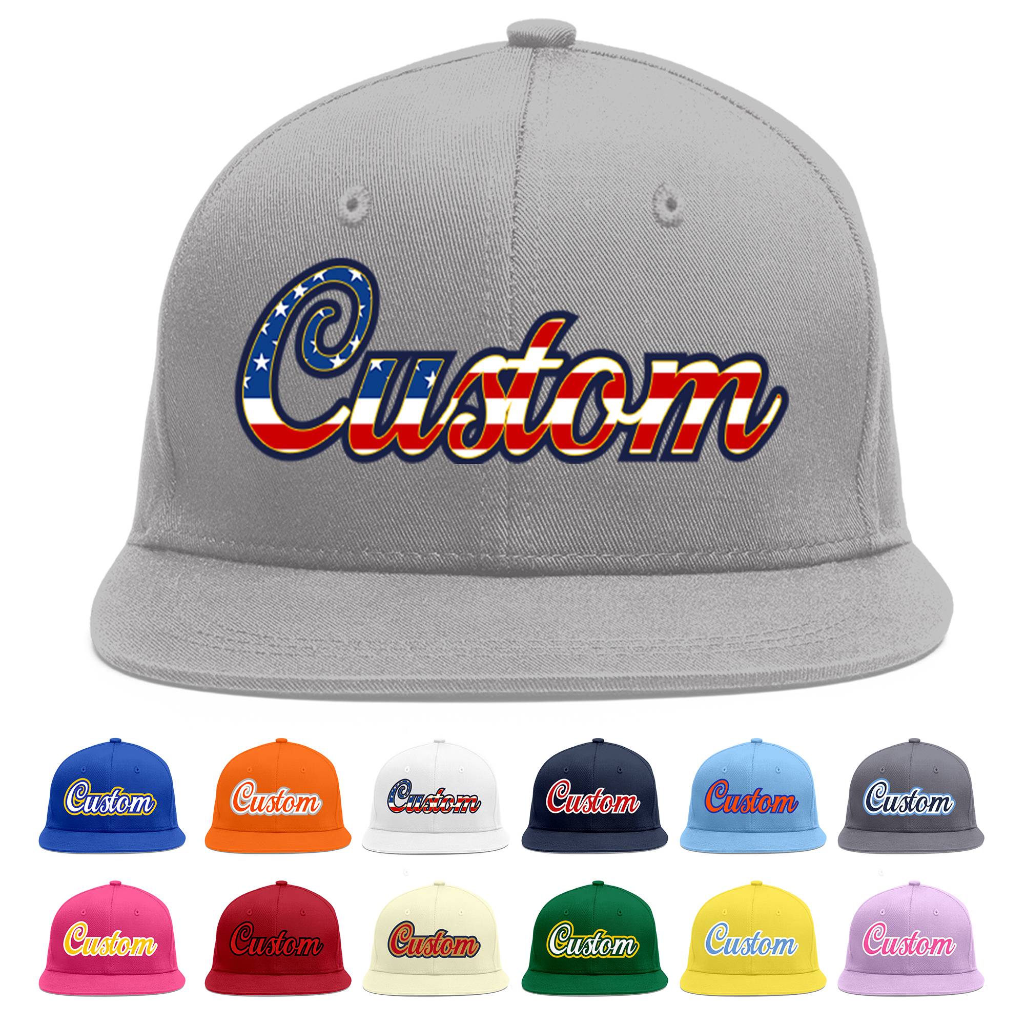 Custom Gray Vintage USA Flag-Gold Flat Eaves Sport Baseball Cap