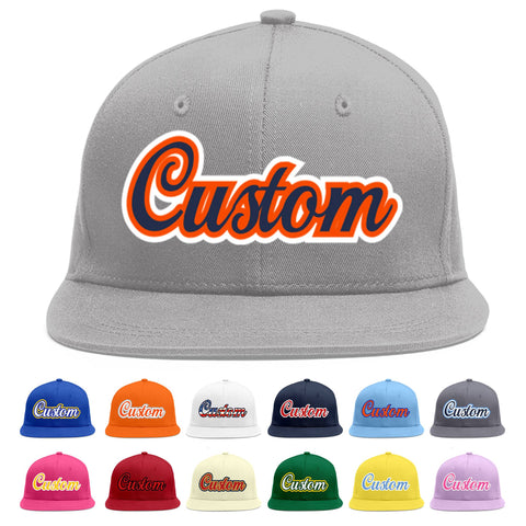 Custom Gray Navy-Orange Flat Eaves Sport Baseball Cap